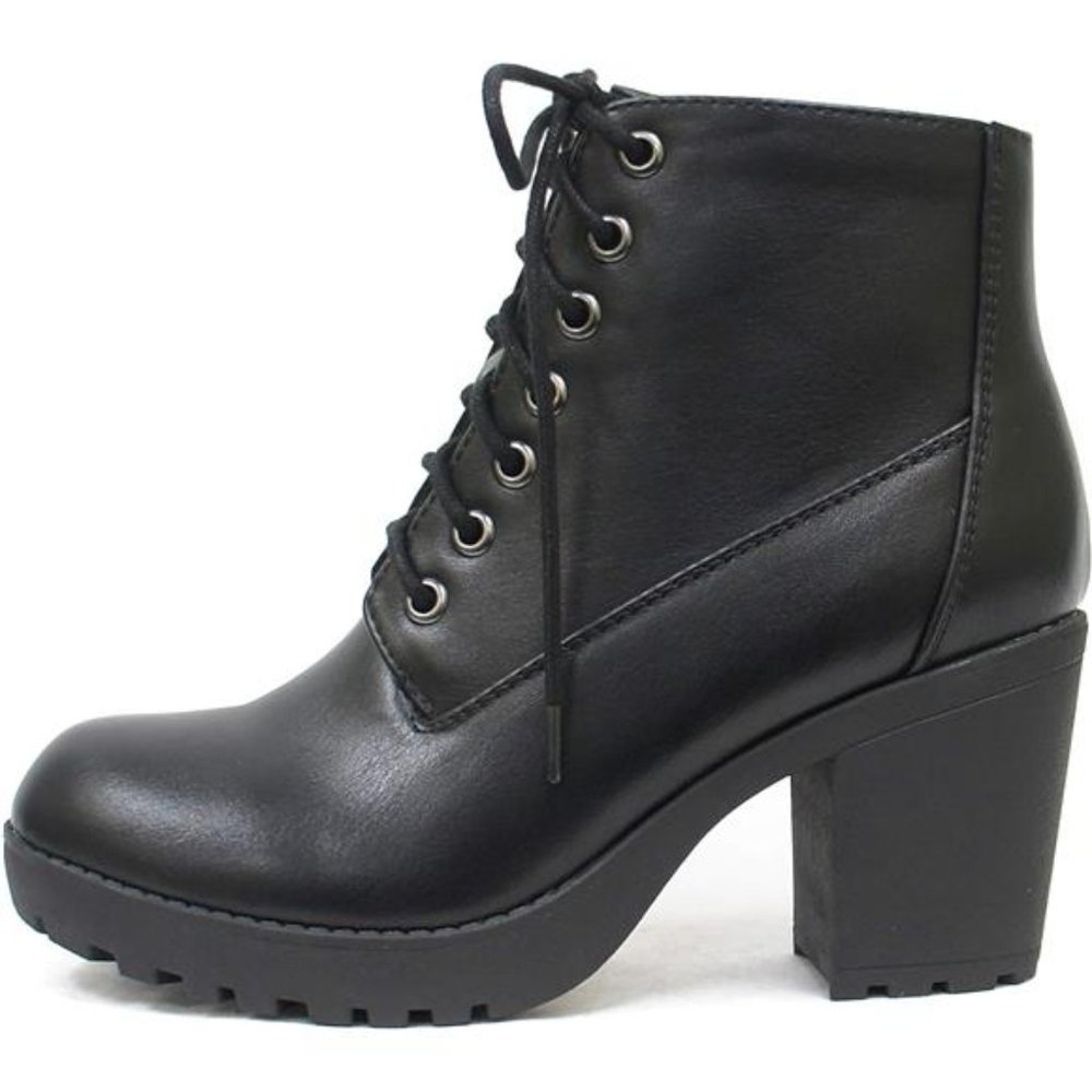 Women's Second Lug Sole Chunky Heel Combat Ankle Bootie Lace up w/Side Zipper